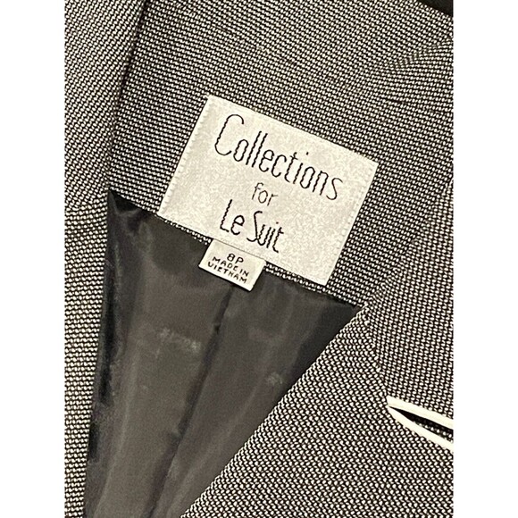 ~ Le Suit 2pc Skirt Suit 8p Black Print White Trim Work Notch Lapel Pencil Skirt - Picture 4 of 16